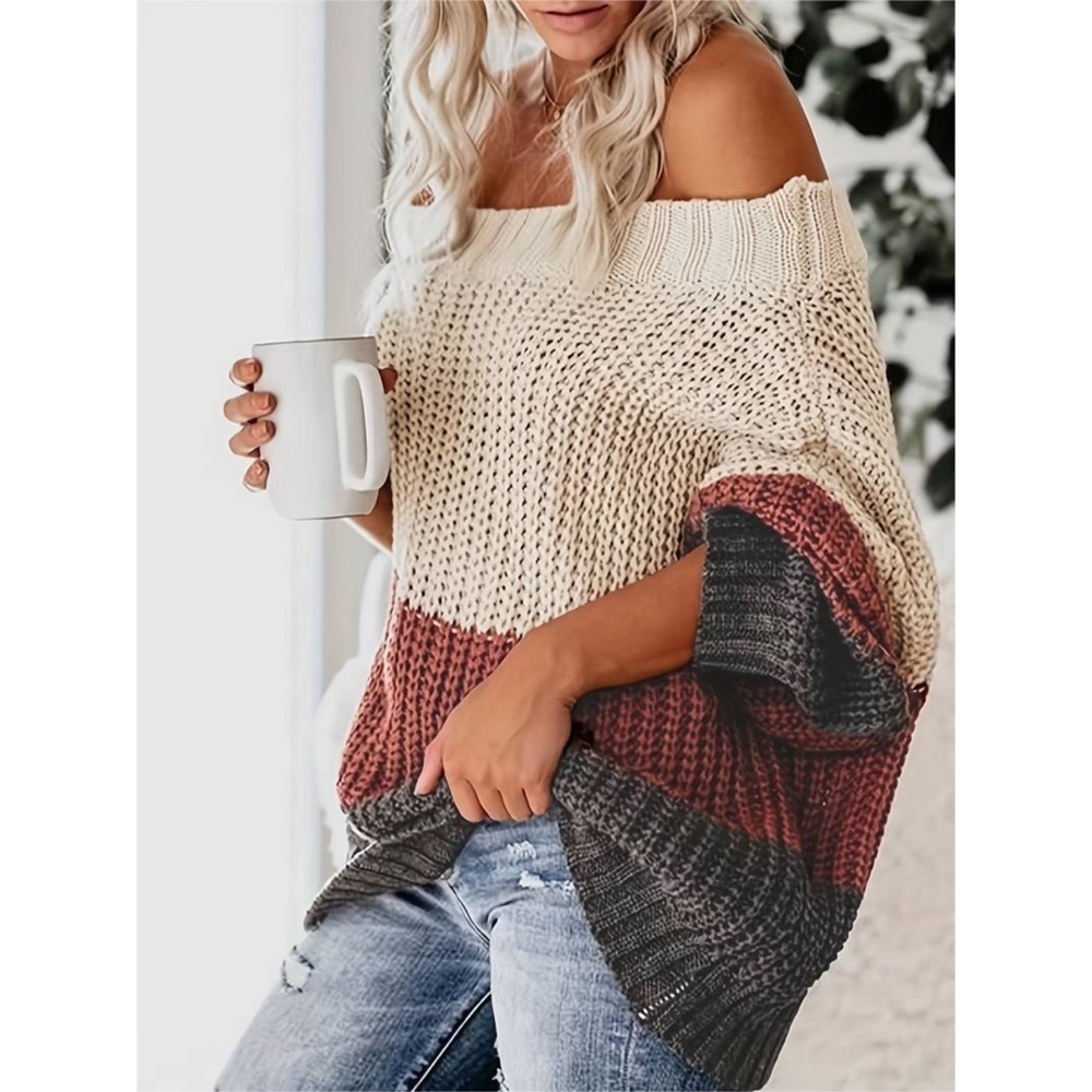 LAST 1! Gorgeous Off Shoulder Oversized Color Block Knit Sweater! - Picture 4 of 8